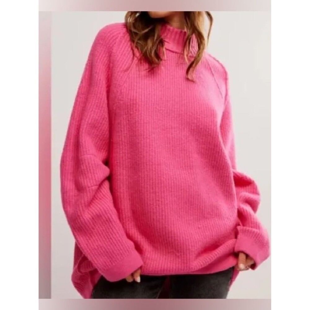 Free People M Bright Pink Oversized Ribbed Turtleneck Sweater